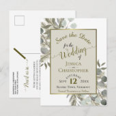 Eucalyptus & Pine Taupe Wedding Sla de datum op Aankondigingskaart (Voorkant / Achterkant)