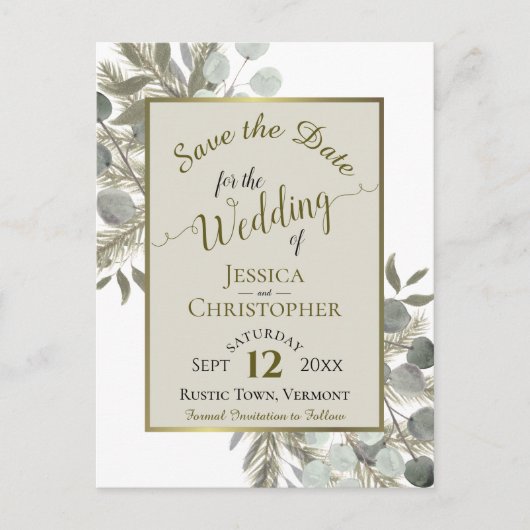 Eucalyptus & Pine Taupe Wedding Sla de datum op Aankondigingskaart (Voorkant)