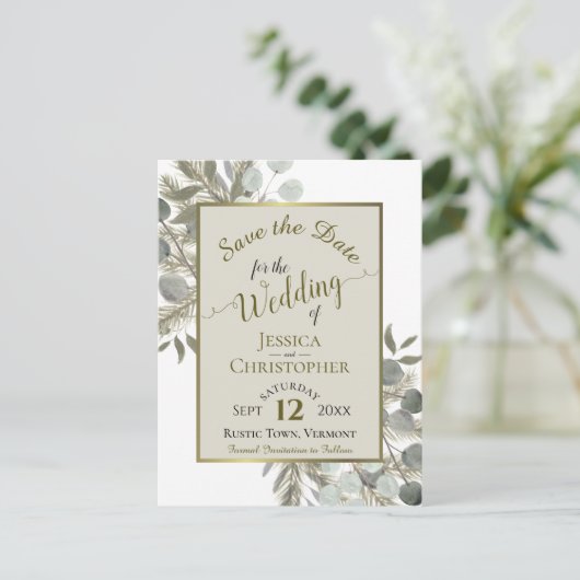 Eucalyptus & Pine Taupe Wedding Sla de datum op Aankondigingskaart (Staand voorkant)