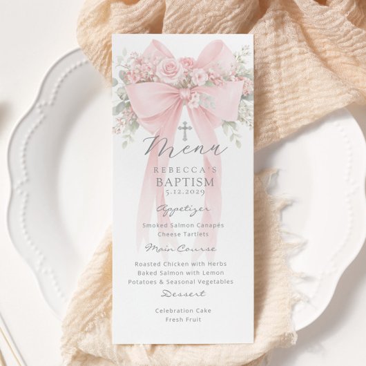 Eucalyptus Pink Bow Elegant Baptism Menu