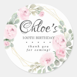 Eucalyptus Pink Floral 100e verjaardag Dank je wel Ronde Sticker