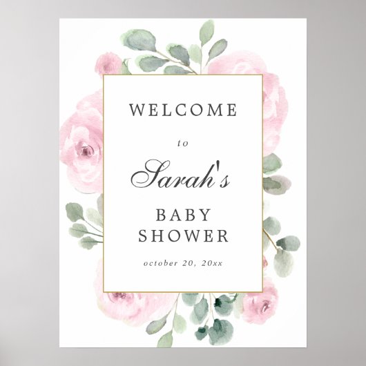 Eucalyptus Pink Floral Baby shower Welkom Poster (Voorkant)