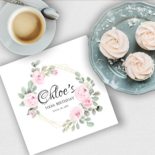 Eucalyptus Pink Rose Floral 100th Birthday Party Servet