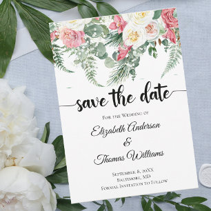 Eucalyptus Pink White Florence Rozen Save the Date Kaart