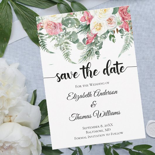 Eucalyptus Pink White Florence Rozen Save the Date Kaart