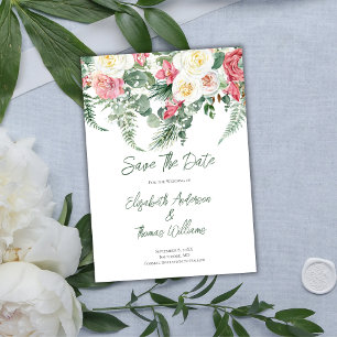 Eucalyptus Pink White Florence Rozen Save the Date Kaart