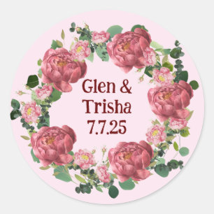  eucalyptus pioen bloemenkrans bruiloft ronde sticker