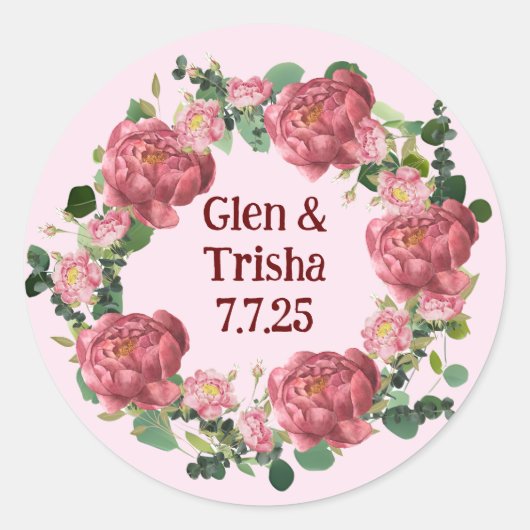  eucalyptus pioen bloemenkrans bruiloft ronde sticker (Voorkant)