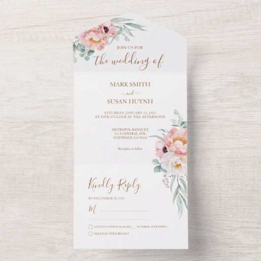 Eucalyptus Pioenrozen Alles in één trouwuitnodigin All In One Uitnodiging (Binnen)