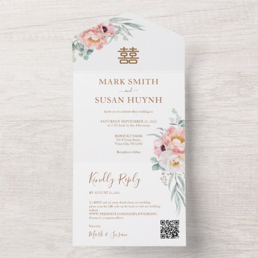 Eucalyptus pioenrozen Chinese bruiloft All In One Uitnodiging (Binnen)