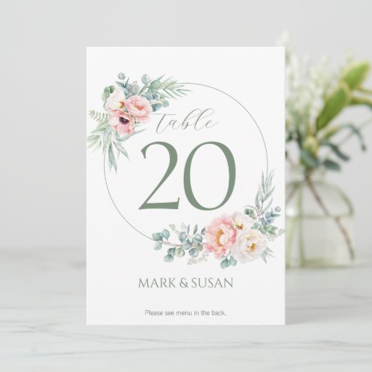 Eucalyptus Pioenrozen Trouwtafel nummer & menu's (Staand voorkant)