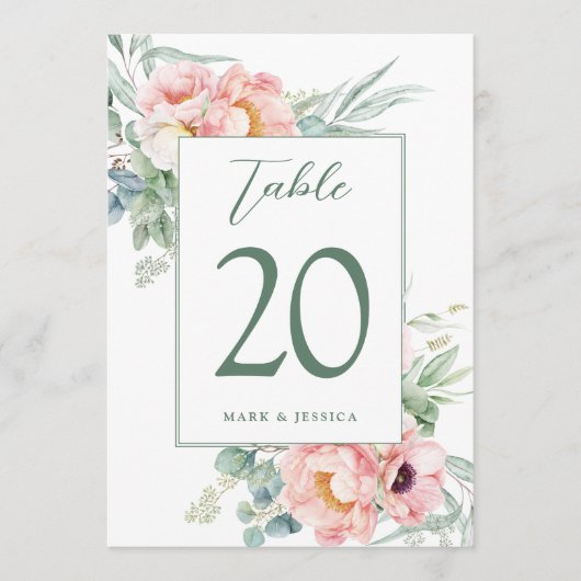 Eucalyptus Pioenrozen Trouwtafel nummer & menu's (Voorkant)