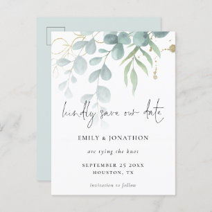 Eucalyptus Powder Blue Gold Script Sla de datum op Uitnodiging Briefkaart