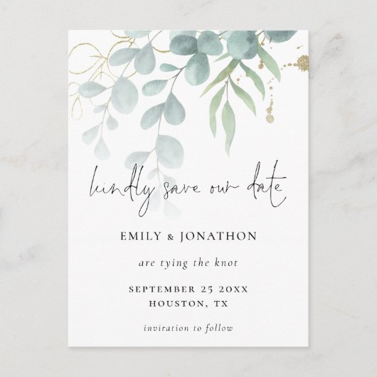 Eucalyptus Powder Blue Gold Script Sla de datum op Uitnodiging Briefkaart (Voorkant)