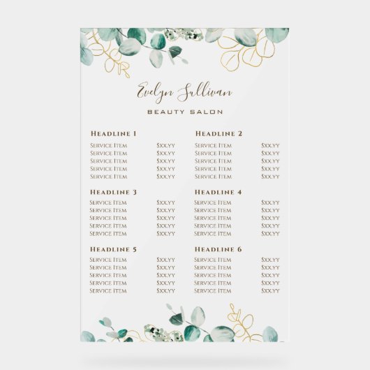 Eucalyptus prijslijst acryl bord (Voorkant)