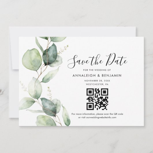 Eucalyptus QR Code Botanical Weddenschap Save the Date (Voorkant)
