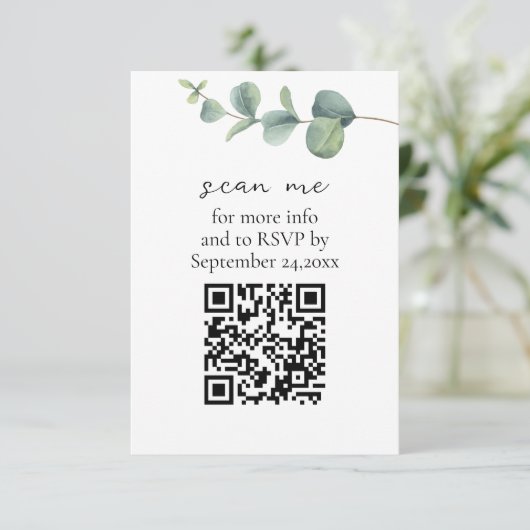 Eucalyptus QR Code Bruiloft RSVP Informatiekaartje (Staand voorkant)