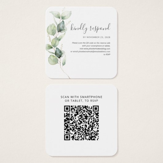 Eucalyptus QR-code RSVP Weddenschap Website Vierkante Visitekaartjes (Voorkant /achterkant)