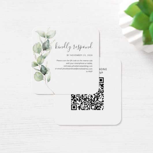 Eucalyptus QR-code RSVP Weddenschap Website Vierkante Visitekaartjes (Bureau)