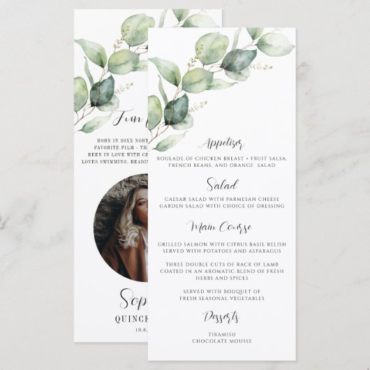 Eucalyptus Quinceanera 15e verjaardag Party Foto Menu (Voorkant / Achterkant)