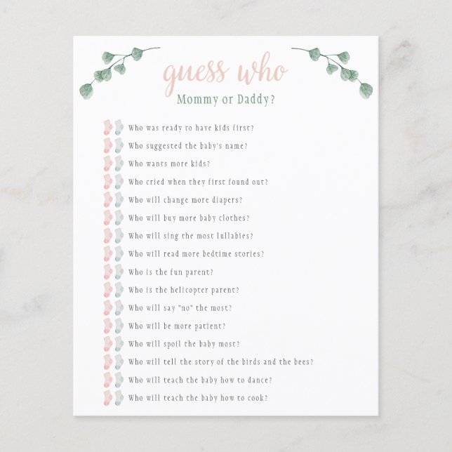 Eucalyptus raad wie Baby shower spel (Voorkant)