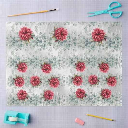 Eucalyptus & Red Flowers on  Faux Foil Decoupage  Tissuepapier (Craft)