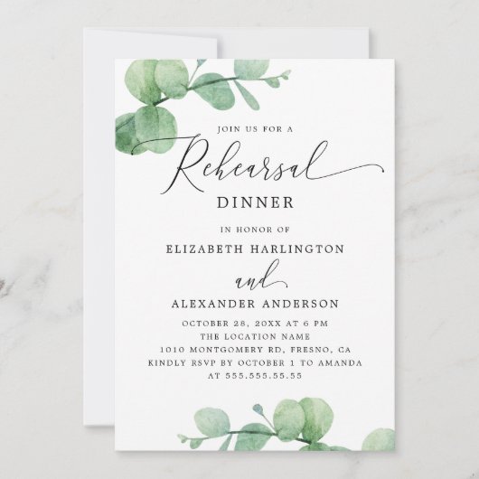 Eucalyptus Rehearsal Dinner. Elegant Script Garden Kaart (Voorkant)