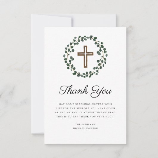 Eucalyptus religieuze kruisbegrafenis bedankkaart (Voorkant)