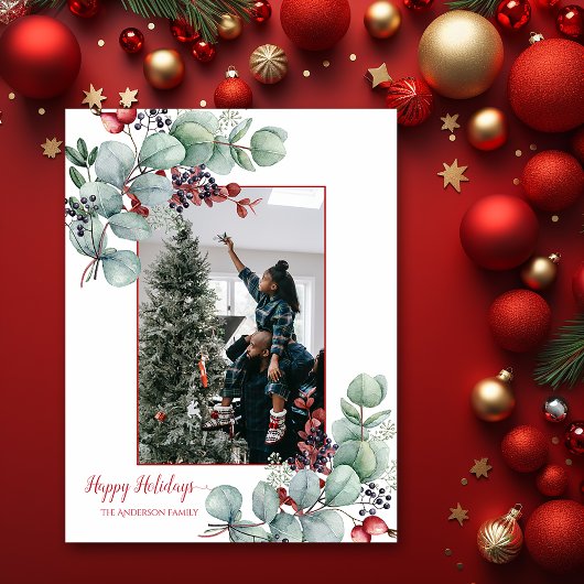 Eucalyptus, rode bessen, 2-fotokerstfeest briefkaart