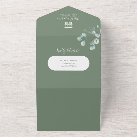 Eucalyptus ronde Lijst Chinees bruiloft All In One Uitnodiging (Buitenkant)