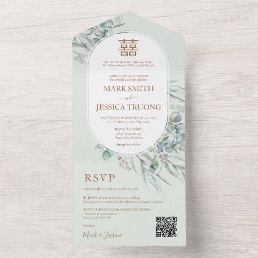 Eucalyptus ronde Lijst Chinees bruiloft All In One Uitnodiging (Binnen)
