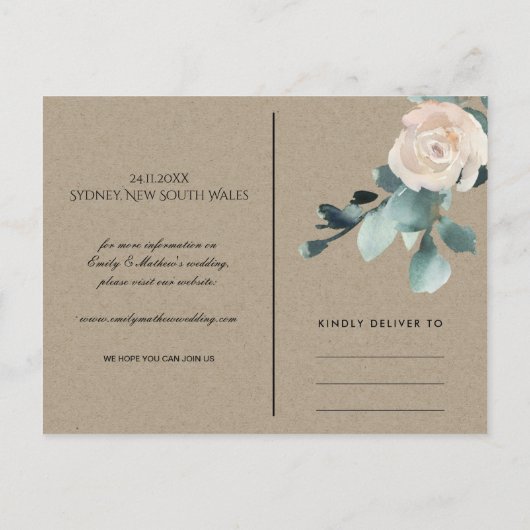 EUCALYPTUS ROOS BLUSH NAVY KRAFT BEWAREN DE DATUM AANKONDIGINGSKAART (Achterkant)