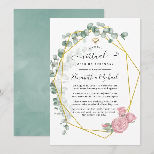 Eucalyptus Roos Geometric Online Virtual Weddensch Kaart (Voorkant / Achterkant)