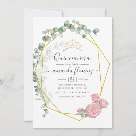 Eucalyptus Roos Geometric Quinceañera Kaart (Voorkant)