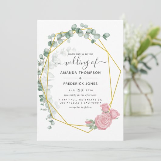 Eucalyptus Roos Geometric Wedding Kaart (Staand voorkant)
