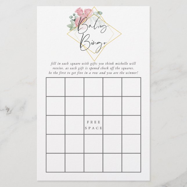Eucalyptus Roos Geometrisch Baby shower Baby Bingo (Voorkant)