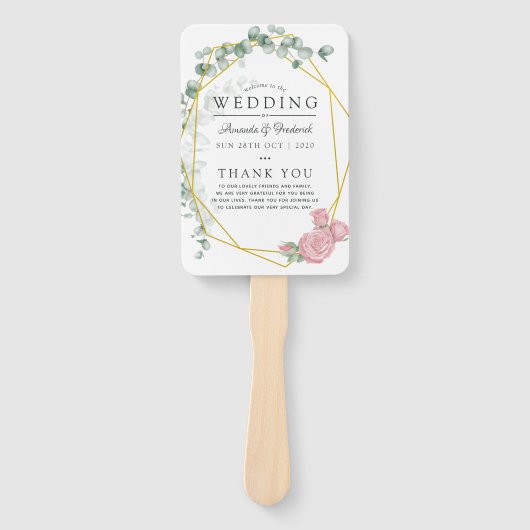 Eucalyptus Roos geometrisch huwelijksprogramma Handwaaier (Voorkant)