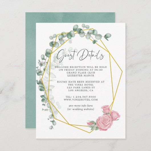 Eucalyptus Roos Geometrische bruiloft Gast Details Informatiekaartje (Voorkant / Achterkant)