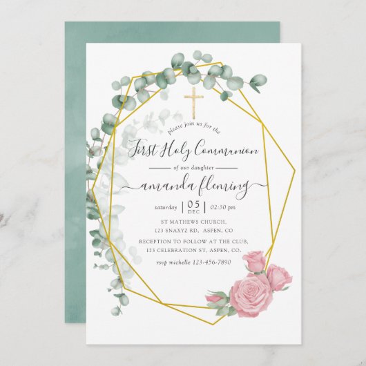 Eucalyptus Roos Geometrische Heilige Communie Kaart (Voorkant / Achterkant)