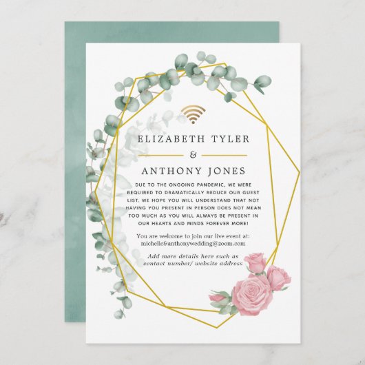 Eucalyptus Roos Geometrische Virtuele Trouwgasten Aankondiging (Voorkant / Achterkant)