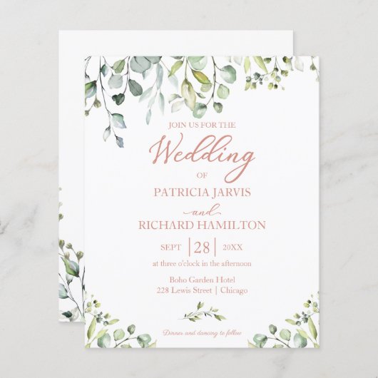 Eucalyptus Roos Gold Budget Weduwen Uitnodiging (Voorkant / Achterkant)