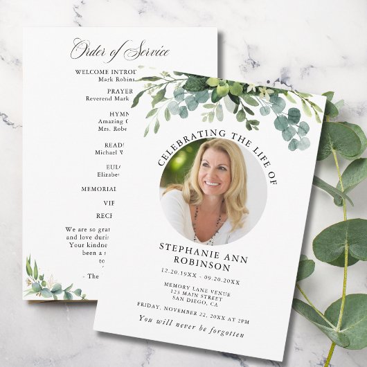 Eucalyptus rouwherdenking foto order of service programmakaart