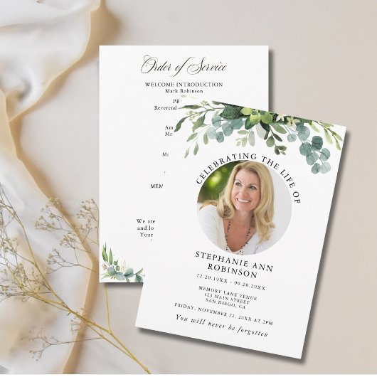 Eucalyptus rouwherdenking foto order of service programmakaart