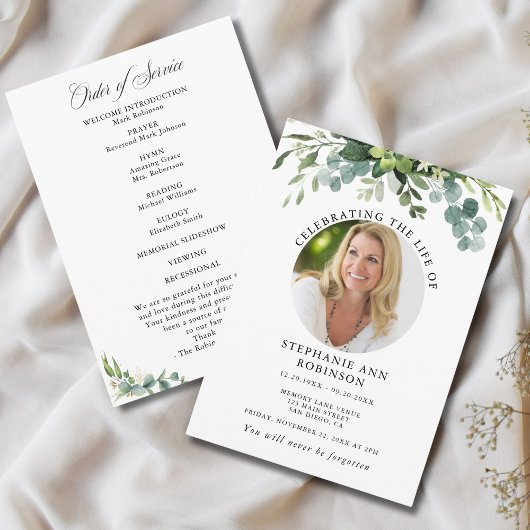 Eucalyptus rouwherdenking foto order of service programmakaart
