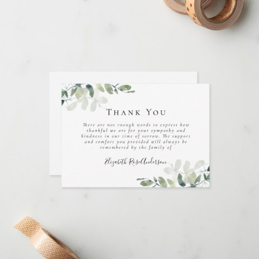 Eucalyptus rouwkaarten met dankbetuiging notitiekaartje (Voorkant / Achterkant in situ)
