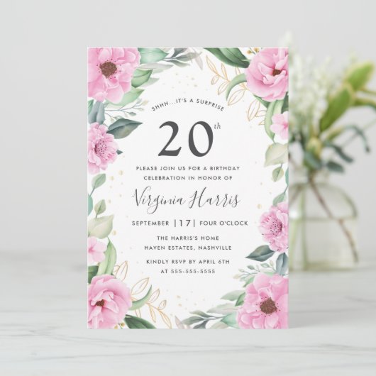 Eucalyptus Roze Bloem Twintigste Verjaardag Kaart (Staand voorkant)