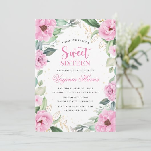 Eucalyptus Roze Bloemen Zoet Zestien 16 Verjaardag Kaart (Staand voorkant)