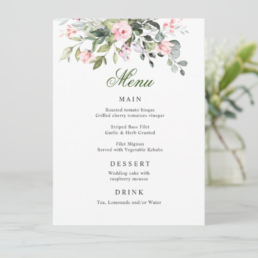 Eucalyptus Roze Blush Rozen Weddenrenmenu Menu (Staand voorkant)
