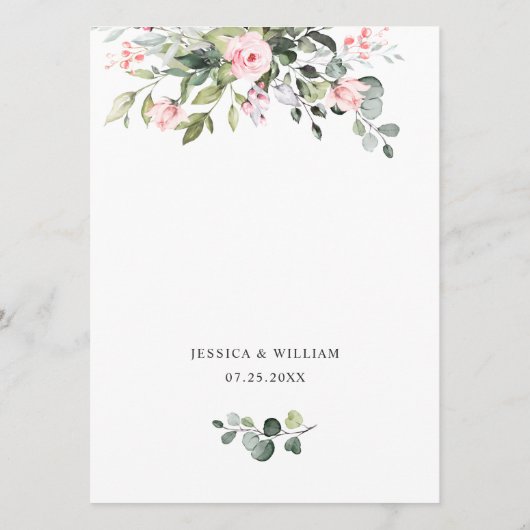 Eucalyptus Roze Blush Rozen Weddenrenmenu Menu (Achterkant)
