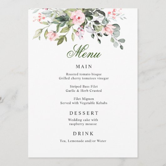 Eucalyptus Roze Blush Rozen Weddenrenmenu Menu (Voorkant)